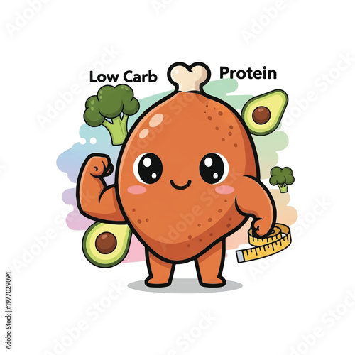 Cartoon chicken breast character flexing muscle.