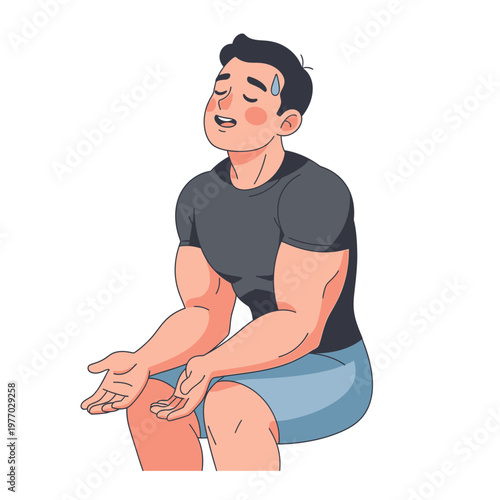Man exhausted after workout, sweating and tired, sitting down, feeling overheated