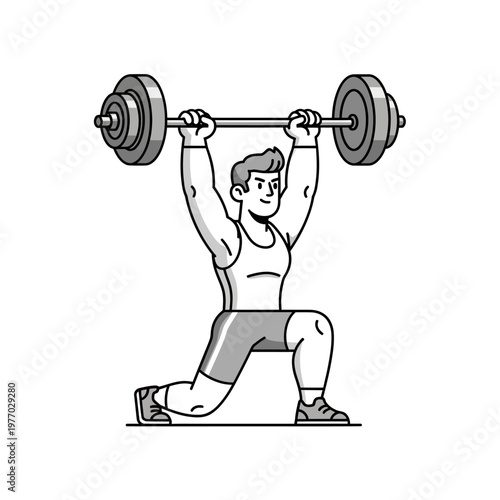 Man lifting barbell overhead in lunge position, fitness and strength workout
