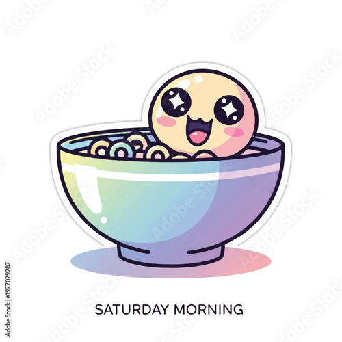 Cute cartoon character in cereal bowl.