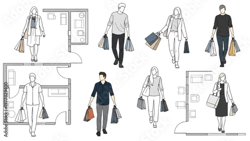 People walking with shopping bags in a vector CAD designed lifestyle setting indoors.