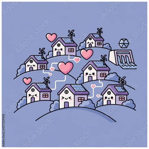 Houses with hearts on a hill.