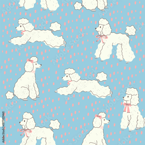 Seamless pattern with white poodles in various poses wearing bows. Vector graphics.