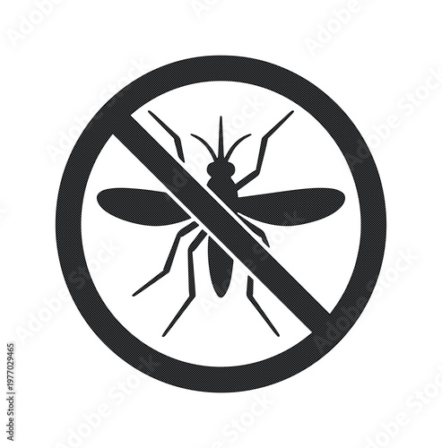 Anti mosquito sign with insect silhouette, stop mosquito warning icon in black and white, pest control symbol for repellent and malaria prevention
