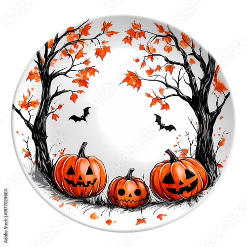 A festive Halloween scene with carved pumpkins and autumn leaves, perfect for seasonal decorations and celebrations.