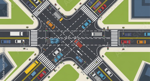 Aerial View of a Busy City Intersection with Traffic.