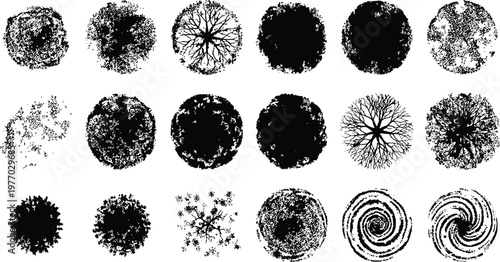 Top view tree canopy set, grunge landscape symbols and architectural vegetation elements for urban planning and garden design