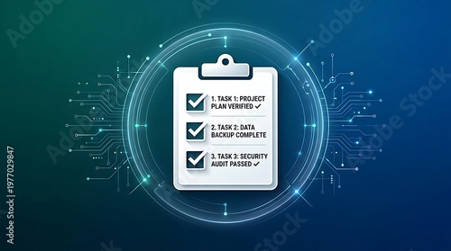 Clipboard with three completed tasks on a digital circuit board background