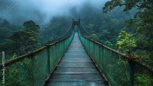 Suspension bridge through misty green rainforest dense jungle canopy aerial view dramatic lighting