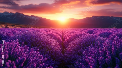 Vibrant Lavender Field Under Dramatic Sunset Sky Mountains in Distance Golden Hour Light