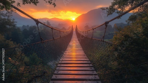 Wooden Suspension Bridge Bathed In Golden Sunset Light With Lush Green Forest And Distant Mountains
