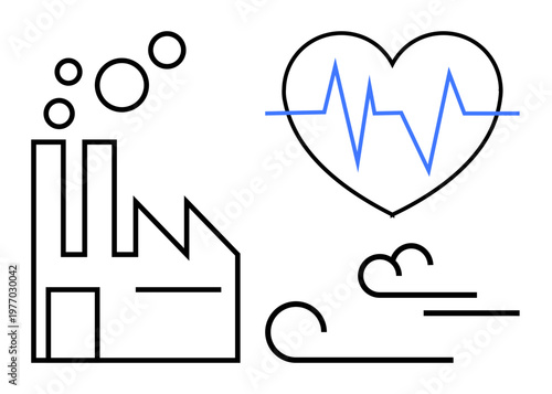 Environmental health, air quality, industrial emissions, pollution effects, heart condition, respiratory health. Factory emitting smoke, heart with heartbeat line and wind. Environmental health