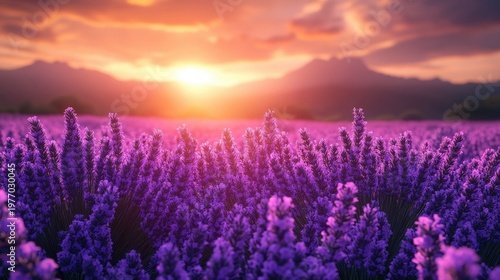 Vibrant Purple Lavender Field Under Golden Sunset Sky With Distant Mountains
