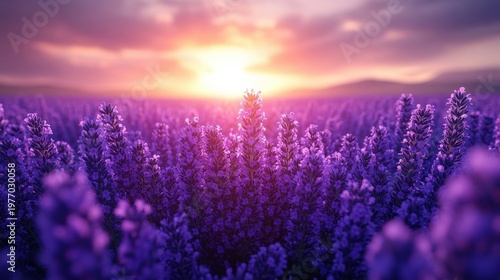 Lavender Field At Sunset With Purple Flowers And Golden Light