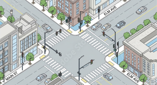 Isometric City Intersection with Buildings and Traffic.