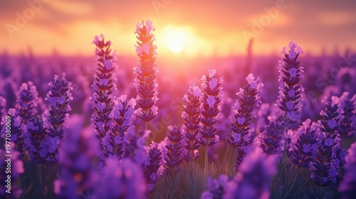 Lavender Field At Sunset With Golden Sunlight And Purple Flowers