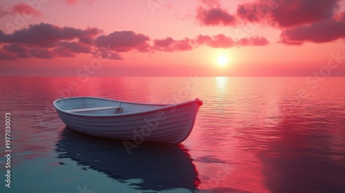 Serene Rowboat Adrift on Calm Water Under a Vibrant Pink Sunset Sky Reflecting the Sun's Glow