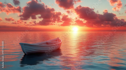 Small White Rowboat Floats On Rippling Water Reflecting A Fiery Sunset Sky With Dramatic Clouds