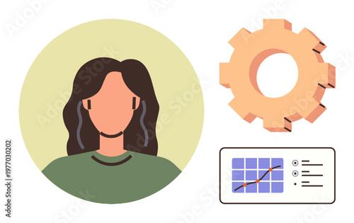 Business analytics, teamwork, technology workflow, productivity, process optimization, project management. Female avatar, gear and chart interface. Analytics and teamwork visually