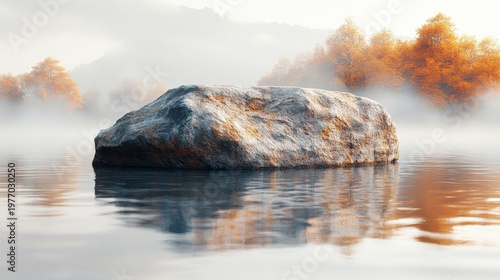 Serene Misty Autumn Lake With Snowy Rock and Golden Trees Reflecting in Water