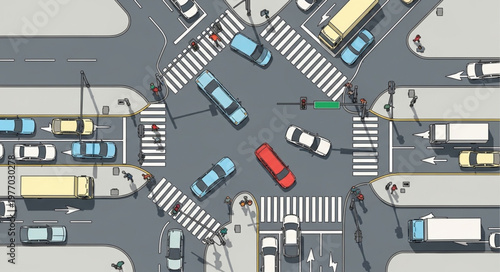 Aerial View of a Busy City Intersection with Cars and Pedestrians.