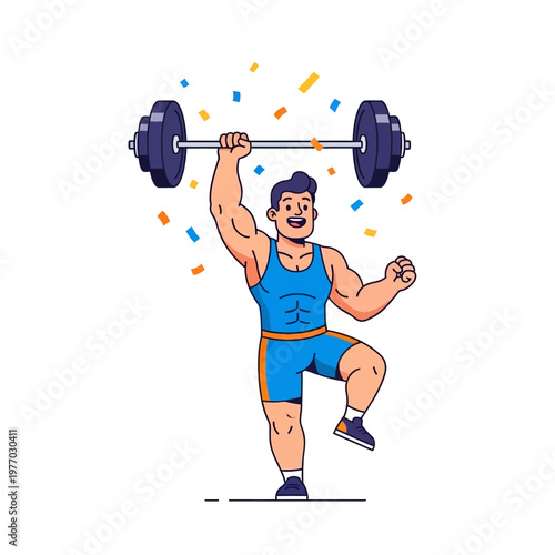 Strong Man Lifting Barbell Celebrating Victory with Confetti, Fitness Motivation