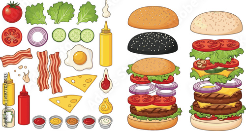 Burger Ingredients and Assembly Set with Bun Patty Cheese Bacon Vegetables and Sauces Fast Food Cooking Elements for Menu and Recipe Illustration