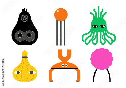 Set of Abstract Flat Design Character Icons - Whimsical Geometric Monsters, Aliens, and Creatures for UI and Gaming Projects