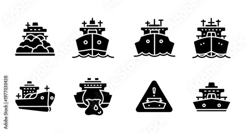 Set of Oil Tanker Icons - Transportation and Environmental Concerns.