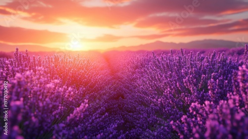 Lavender Field At Sunset With Vibrant Orange Sky And Distant Hills
