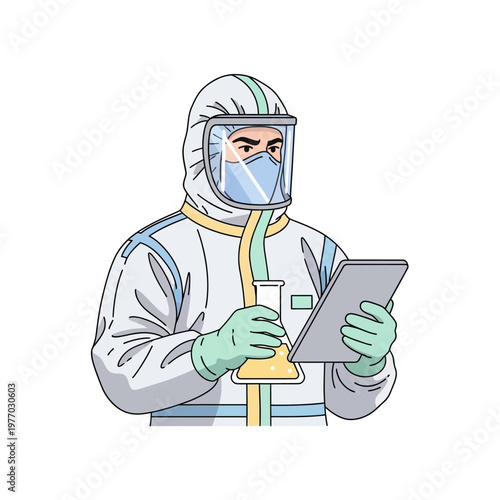 Scientist in Hazmat Suit with Flask and Tablet - Medical Research, Pandemic Protection