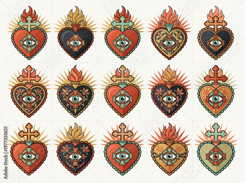 Set of Sacred Heart Icons with All-Seeing Eye and Cross in Vintage Tattoo Style; Mystical Religious Folk Art Vector Illustrations for Branding and Design Projects