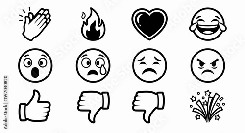 Black and white emoticon faces set.