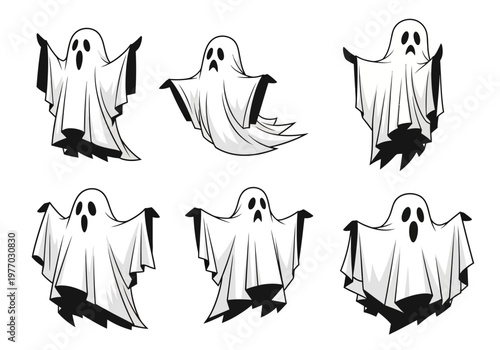 Set of Cartoon Ghosts for Halloween Design - Spooky Spirit Illustrations Collection on White Background
