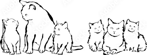 Vector line art illustration of cat family and kitten groups showing love and togetherness in minimalist hand drawn style