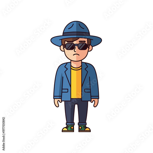 Cartoon Man in Fedora Hat and Sunglasses, Mysterious Character Illustration