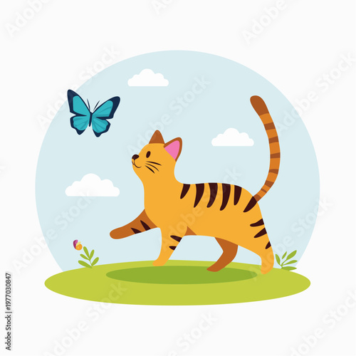 A curious cat watches a butterfly fly near colorful flowers on green grass