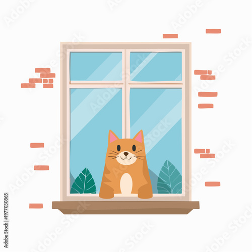 An orange cat sits on a windowsill looking outside at green leaves
