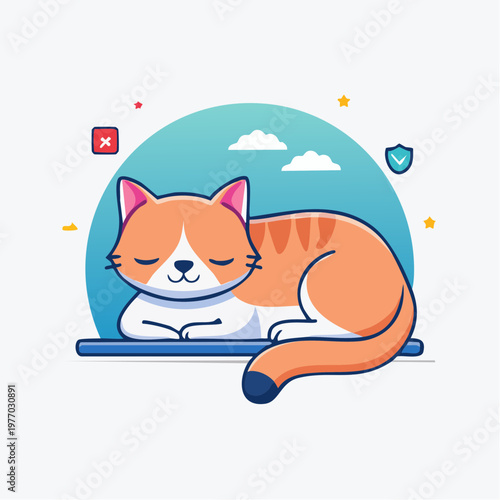 A serene cartoon cat sleeps peacefully on a blue surface under a blue sky.