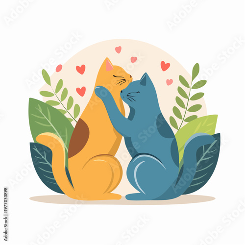 Two cats share a tender moment among leaves and hearts outdoors