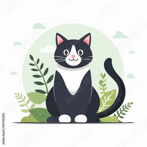 A black and white cat sits among green leaves and plants outdoors.