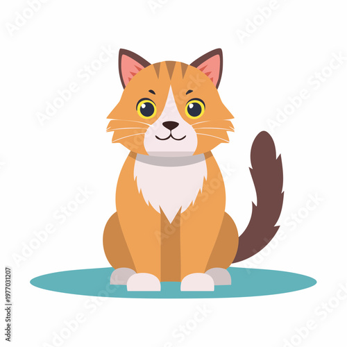 A cute orange cat sitting on a blue mat indoors looking happy