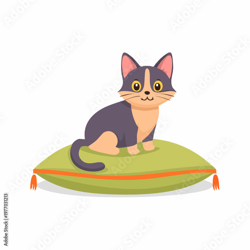 A cute cartoon cat sits on a green cushion indoors looking directly.
