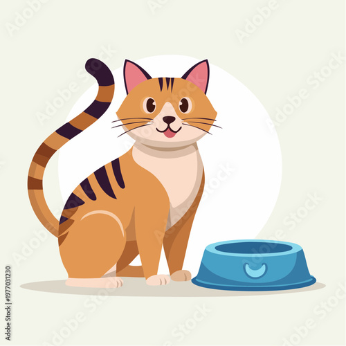 A cute cartoon cat sitting next to a blue food bowl indoors happily