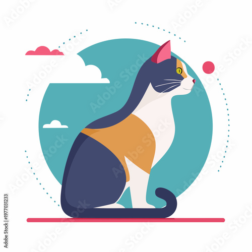 A colorful illustration of a sitting cat watching a ball in a playful outdoor setting with clouds.
