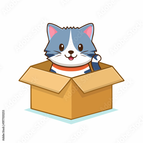 A smiling cartoon cat peeking out of an open cardboard box indoors.