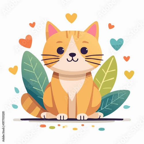 A cute orange cat sits among colorful hearts and leaves indoors