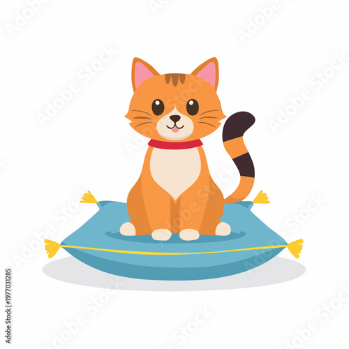 An adorable orange cat sits on a blue cushion indoors.