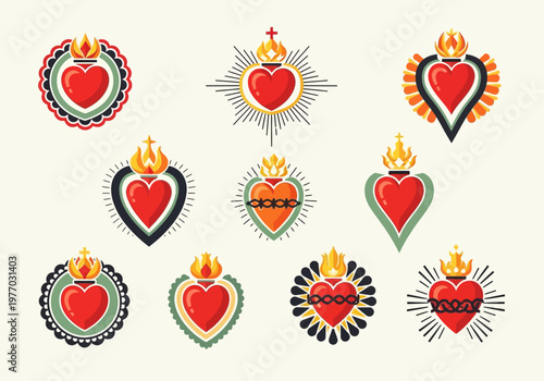 Sacred Heart Vector Illustration Set - Catholic Religious Symbols, Flaming Heart Icons for Tattoo Design and Graphic Art