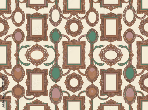 Ornate Vintage Picture Frame Seamless Pattern, Antique Victorian Style Gallery Wall Background for Genealogy and Family Tree Design